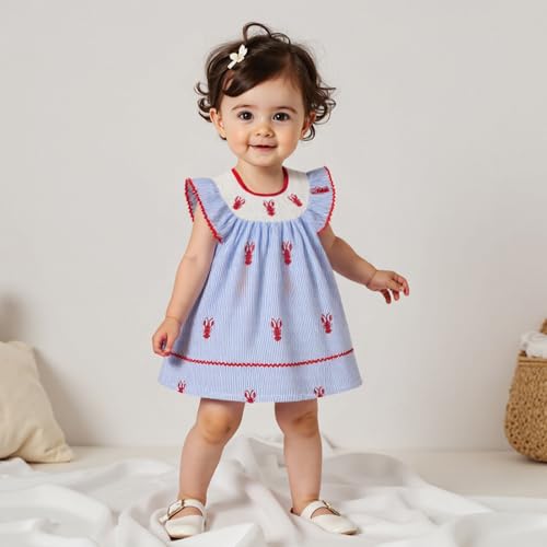 Toddler Baby Girl Crawfish Smocked Ruffle Short Sleeve Dress Lobster Plaid Princess Dresses Summer Outfits4