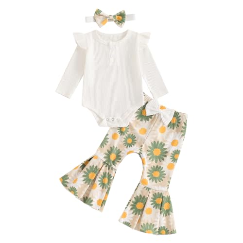 Image of fhutpw Newborn Baby Girl Clothes Rib Frill Long Sleeve Romper Daisy Flared Pants Headband Set 3pcs Fall Winter Outfits