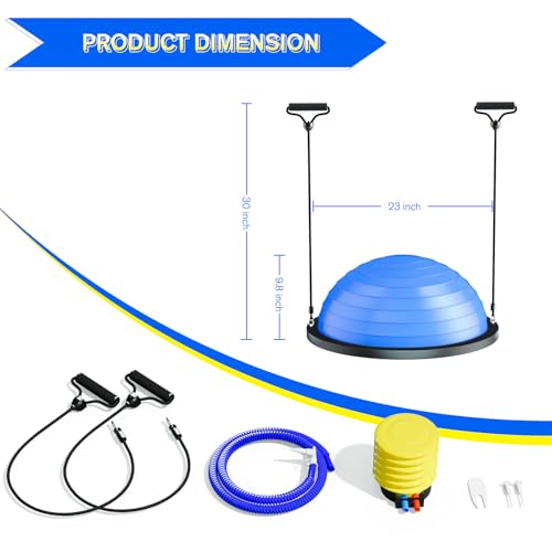 Image of Half Balance Ball Trainer - 23 Inch Half Exercise Ball for Workout, Physical Therapy, Yoga, Home Gym, Core Strength, Stability, Fitness, Balance Training Equipment with Resistance Bands, Foot Pump