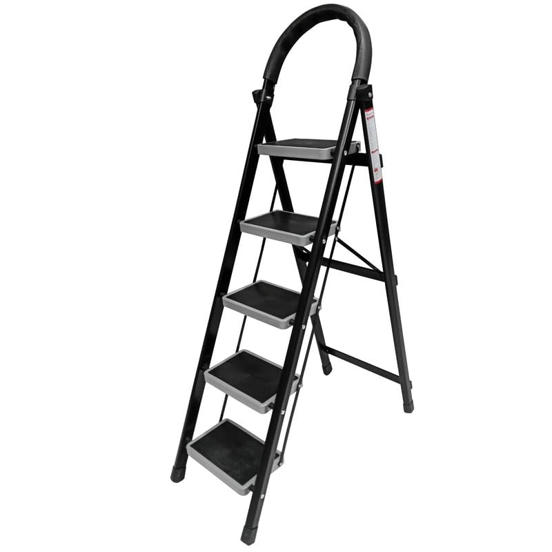 Image of TNT The Next Trend 5 Step Steel Step-Ladder for Home | Heavy Duty Foldable Ladder with Wide Ant-Slip Steps and Anti-Skid Shoes - Black