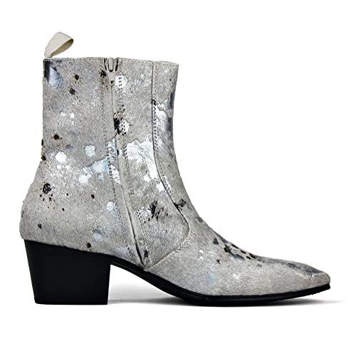 Image of OSSTONE Men Chelsea Ankle Boots Leather Pony Hair Leopard Boot with Side Zipper Casual Heel Dress Boots JY054-US-R