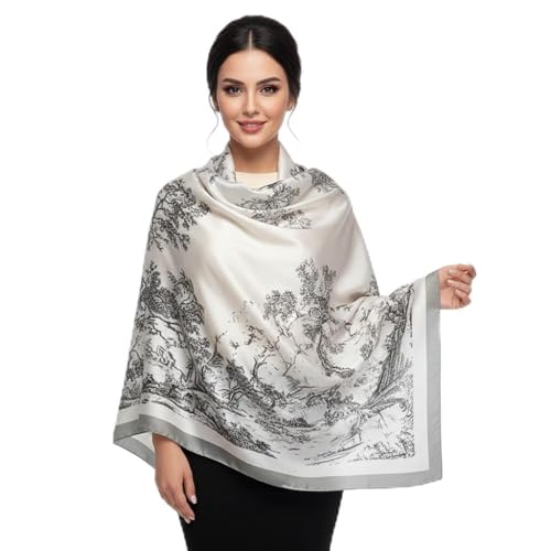 Image of Premium Silk Stole for Women | Lightweight Printed Silk Scarf & Hijab | Elegant Party (72 x 36 Inch) (Black and White Tree Print)