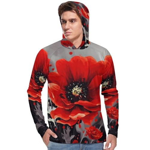 Men's Sun Shirts UPF 50+ Rash Guard Long Sleeve Sun Protection Hoodie Dancing Red Flower Lightweight Shirt L2
