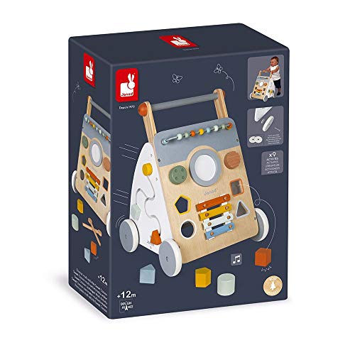 Janod - Sweet Cocoon Multi-Activity Laufwagen - Lauflernwagen aus Holz - 9 Aktivitäten - Leise Räder, Wasserbasierte Farben - Kinderspielzeug ab 1 Jahr, J04410