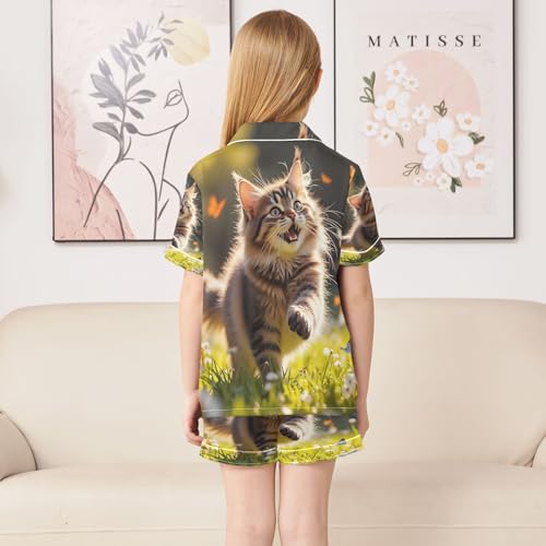 ALAZA Cat Butterfly Blossom Cat Kitten Satin Pajamas Set Short Sleeve Button Down Sleepwear Summer Pjs 2 Piece4