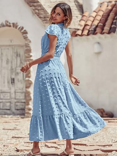 Image of PRETTYGARDEN Womens Dresses 2026 Summer Maxi Dress Boho Short Sleeve V Neck Swiss Dot Ruffle Tiered Smocked Flowy Long Dress
