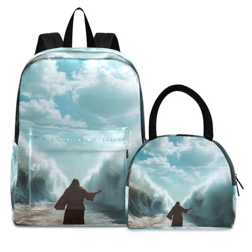 Divide Sea Print Backpack Set with Lunch Bag, Large Capacity Travel Backpacks and Lunch Box Insulated for Commute Hiking Picnic