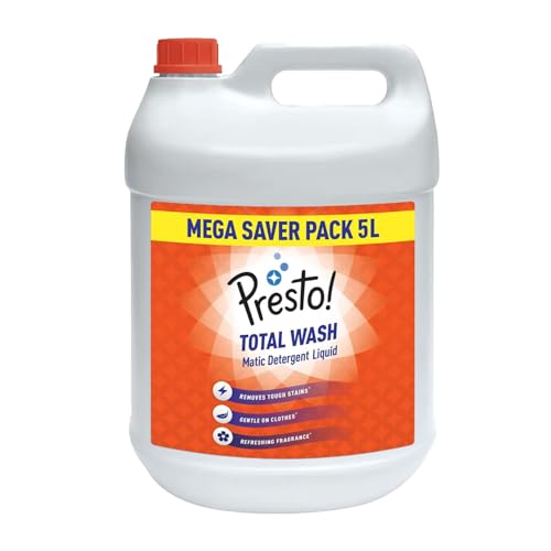 Image of Amazon Brand - Presto! Total Wash Matic Detergent Liquid | 5 Litre | Removes Tough Stains | Gentle On Clothes | Refreshing Fragrance | Liquid Detergent For Washing Machine And Hand Wash