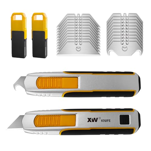 XW Dual Blade Safety Utility Knife Auto Retractable Box Cutter with Blade Storage Extra 10 PCS Utility Blades & 10 PCS Hook Blades Included