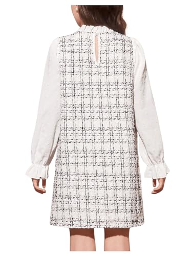 WDIRARA Girl's Plaid Print Bow Front Tweed Dress Flounce Long Sleeve Mock Neck Cute Elegant Short Dresses2