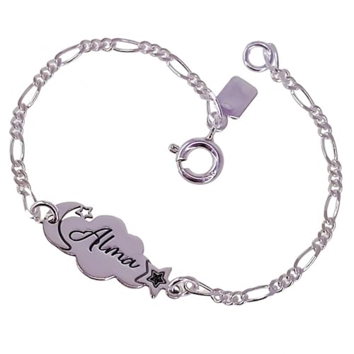 Minoplata Pulsera esclava Infantil Nube Personalizada de Plata de Ley 925 Podemos Grabar el Nombre Que tú desees, niña pequeña 2 ó 3 años y para bebés