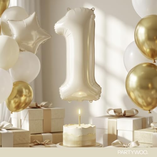 Image of PartyWoo Beige Number 1 Balloon 40 Inch 25pcs White Sand Foil Star Gold