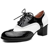 Odema Womens PU Leather Oxfords Wingtip Lace up Mid Heel Pumps Shoes Blackwhite