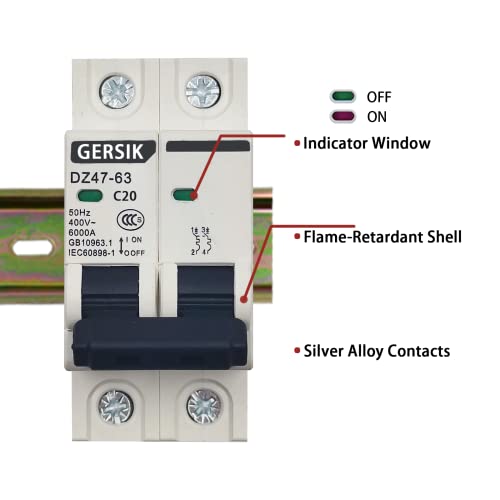 Gersik Ac Miniature Circuit Breaker, 20 Amp 400V 2 Poles Din Rail Mount Circuit Breaker, Thermal Magnetic Trip, Solar Ac Disconnect Switch Mcb C20 #TOP1