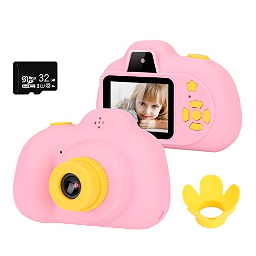 HALOVIE Kinderkamera Kinder Kamera, 2 Zoll Bildschirm 8MP 1080P HD Digitalkamera mit 32GB TF-Karte Gurt USB-Kabel, aufladbare Selfie Fotoapparat Videokamera Geschenk für Kinder Pink