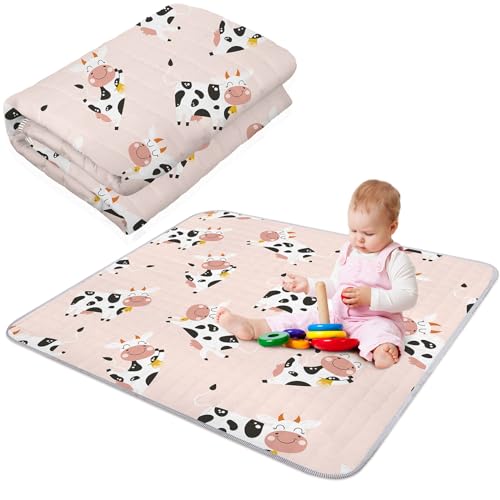 Image of Funtery Boho Portable Baby Play Mat, 43 x 43 Inch Washable Foldable Crawling Mat, Non Slip Playmat for Babies, Kids Play Mats Pad for Floor Playpen Toddler Infants Tummy Time Activity (Cow)