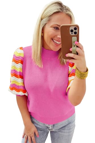 Stylish Spring Knitwear: Pink Ribbed Top with Short Sleeves and High Neckline