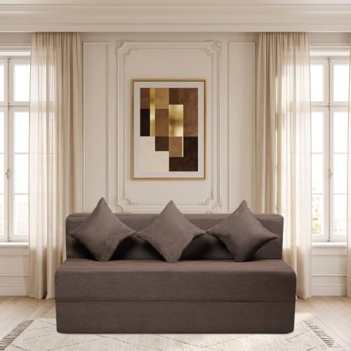 Image of Seventh Heaven Rejioce 4 Seater 6 * 6 Jute Fabric Washable Cover Sofa Cum Bed with 3 Cushions 4 Seater Double Foam Fold Out Sofa Cum Bed (Finish Color - Brown Delivery Condition - Pre-Assembled)
