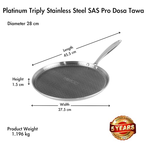 Vinod SAS Pro Platinum Triply Stainless Steel Non Stick Dosa Tawa – 28 cm | 4.0 mm Thick Hexa Design Dosa Pan, Metal Spoon Friendly Scratch…