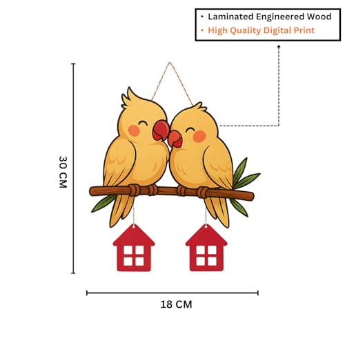 Image of GiftOday Cute Pair Of Parrot Wooden Wall Hanging for Home Kitchen Decor | Decorative Items for Livingroom | Modern Artworks Items | Peace Door Accent Decorative Hangings Size-18 x 30 CM