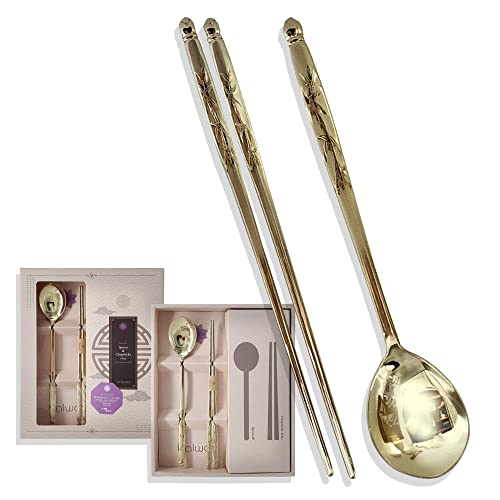 Balwoo [Made in Korea] Bamboo Design Sticky Rice Spoon Chopsticks Set Gold Titanium Plating 304 Stainless Steel Soup Spoon Ramen Noodle Chopsticks Flatware (5 Sets)