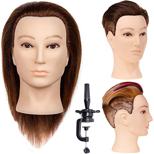 Stancia Male Mannequin Head,Training Head with 100% Human Hair, 14â€ Barber Mannequin Head, Hairdresser Manikin Head, Training Doll Head for Hair Styling and Practice, Adult Head Size (Dark Brown)