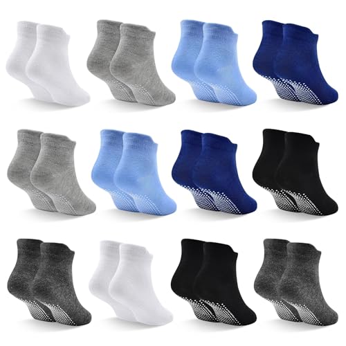 Image of Toddler Socks SkiBeaut 12 Pairs Non Slip Skid Ankle Socks For Kids Boys Grips Cotton Crew Socks For 1-10 Years