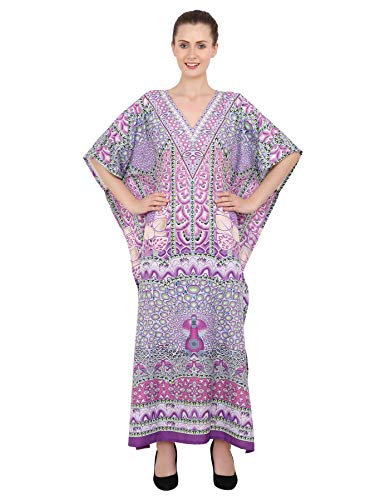 Image of Miss Lavish London Purple Ethnic Print Kaftan Dresses for Women V Neck Batwing Sleeve Beach Vacation Bikini Swimsuit Cover,Plus Size African&Dubai Caftan Maxi Beach Dress with Side Slits-Purple-3XL