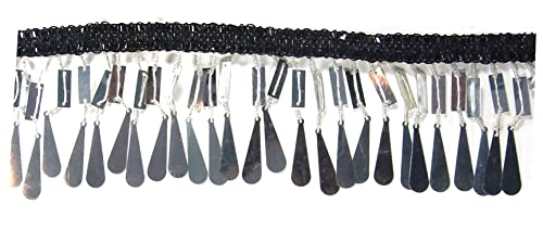 Sew Trends 1 Yards Hand Beaded Fringe Shiny Silver Sequin Charms Clear Glass Beads On Black Gimp Braid- 4" Inches- Sewing Renaissance Carnival Dance Hawaiian Costumes Outfit Bags Drapery- #Vfr-52 #TOP2