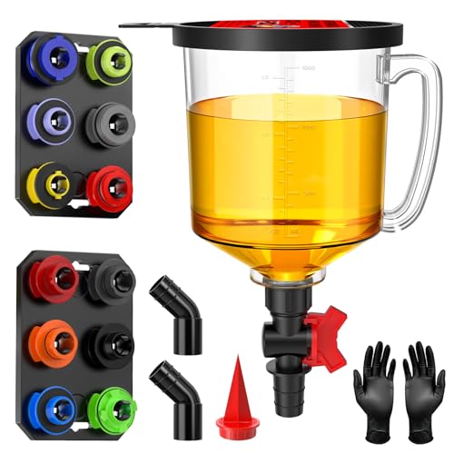 LOYAMAT 19-Piece No Spill Engine Oil Funnel Kit | 1.6QT Oil Change Kit w/ 12 Adapters 2 Magnetic Trays 45 Elbows Arrow Filter & Gloves | Transparent Body w/Scale & Shut-Off Valve | Universal Fit