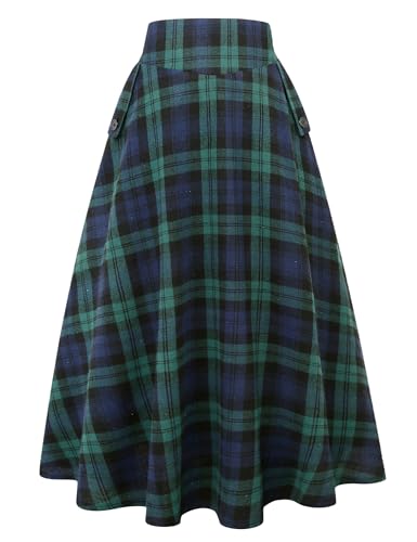 IDEALSANXUN Womens Plaid Skirts Fall Winter High Waisted A Line Long Pleated Maxi Skirt with Pockets