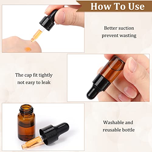 Nuogo 100 Pcs Amber Glass Mini Dropper Bottles Essential Oil Dropping Small Empty Sample Vial with Dropper and Black Caps Tiny Amber Glass Bottles Perfume Jars for Travel(3 ml)4
