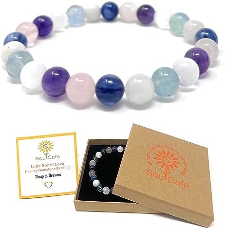 Sleep and Dream Crystal Gemstone Bead Bracelet - Soul Cafe Gift Box and Tag - Blue Kyanite, Aqua Fluorite, Amethyst, Moonstone, Rose Quartz, Selenite