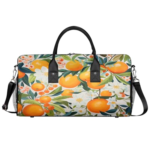 Orange Fruit Travel Duffle Bag for Women Men Foldable Waterproof Weekender Bag Carry on Tote for Overnight Sports Gym Cute Citrus Green Leaves Floral
