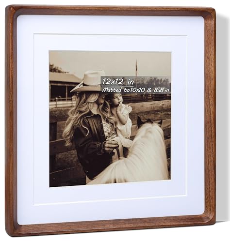 Image of Square 12x12 Picture Frame with Mat for 8x8 /10x10, USA-Sourced Natural Walnut Wood Handcrafted Rounded Corner with Real Glass, Vertical or Horizontal Display Photo Gallery Wall Mounting Frame