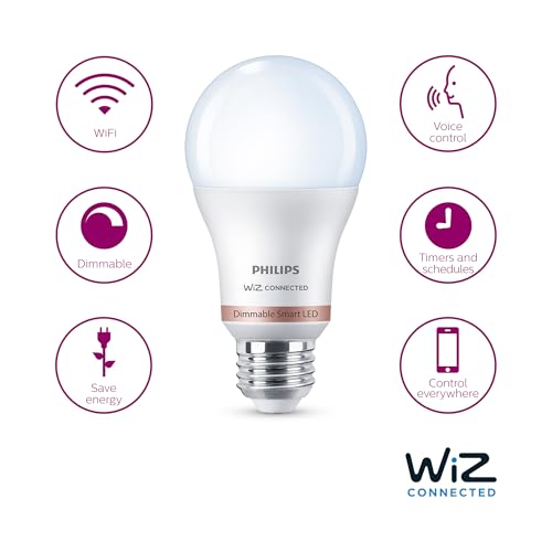 Image of Philips 60 Watt Equivalent A19 LED Daylight (5000K) WiZ Powered Smart Wi-Fi Bulb (Pack of 4)