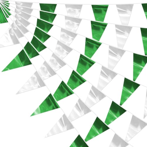 Image of 65FT Green Silver Glitter Triangle Pennant Banner Flag Metallic Bunting Fabric Garland for Christmas Graduation Wedding Engagement Anniversary Bachelorette Bridal Shower Valentine's Party Supplies