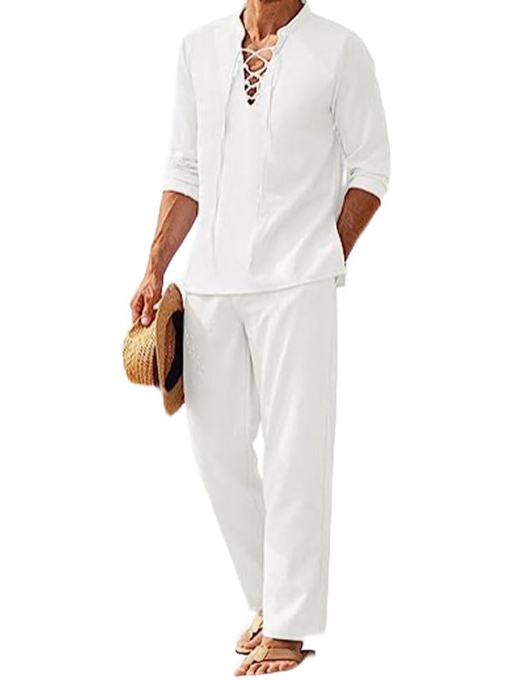 seiveini Conjunto 2 Piezas Hombre Camiseta de Lino Manga Larga Pantalones Largos Hombres Conjunto de Chándal Verano Secado Rápido Pijamas de Lino Casual