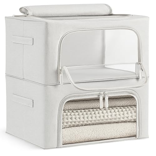 unycos - Cajas de Almacenaje de Ropa【2 Piezas | 24L】 Bolsas con Estructura Resistente de Hierro, Asas Reforzadas y Ventana Transparente, Organizador de Toallas, Edredones | 10 kg (Grey; Iron Rod)