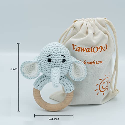 Kawaiono Handmade Cotton Crochet Rattler For Baby, Natural Amigurumi Crochet Elephant On Natural Teething Ring Rattle, Infant Toys (Blue Elephant) #TOP2
