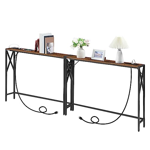 MAHANCRIS 78.7'' Narrow Sofa Table with Charging Station, 2 Pack Skinny Console Table, Slim Entryway Hallway Couch Table, for Entrance, Foyer, Living Room, Hallway, Rustic Brown CTHR151E01S2