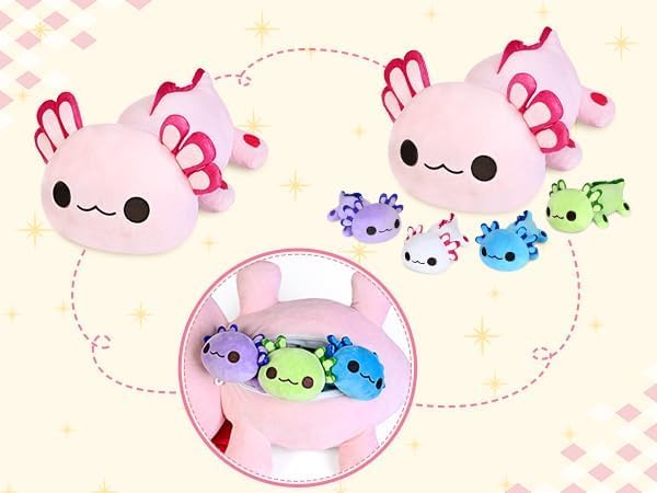 Image of KMUYSL Axolotl Plush Toys for Ages 0 1 2 3 4 5 6 7 8+ Year Old Boys Girls- Axolotl Mommy Stuffed Animal with 4 Baby Axolotls in Her Tummy, Christmas Birthday Gifts for Baby, Toddler, Kids