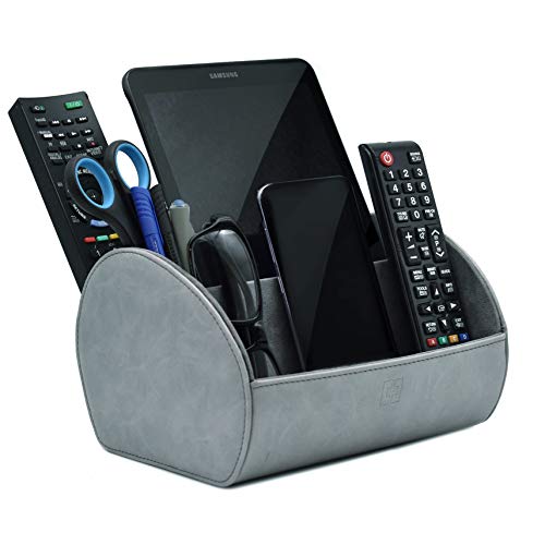 Park & Charge CEG-30 Fernbedienungs-Organizer mit Handy- und Tablet-Steckplätzen, Leder-Gerätehalterung, Mehrzweck-Aufbewahrungsbox und Kabel-Organizer, Grau