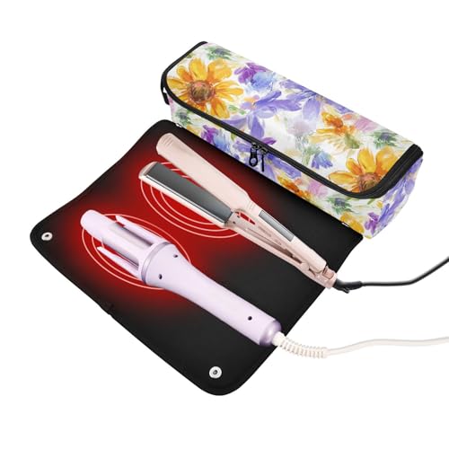 Bolsa de viaje para herramientas de cabello con flores amarillas y moradas, resistente al calor, con cierre para planchas de pelo, rizadores y secador miniatura 2