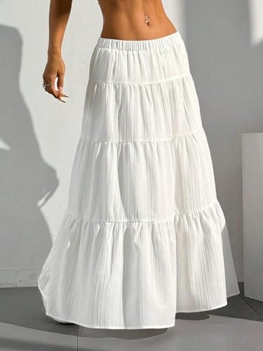 Solid Color High Waist Tie Ruffle Hem Long Skirt Basic Women's Summer Casual Vinage Skirt4