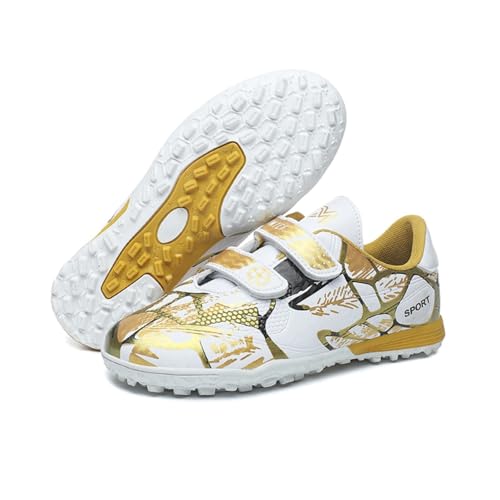 Agnueuty Fußballschuhe mit Stollen für Jungen Mädchen Athletics Football Schuhe Laceless Leichtathletik Trainingsschuhe Unisex Kinder Gold EU29