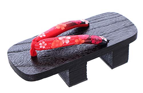 K-G-25-4 Rojo Sakura Flores Negro Madera Japón Geta Doble Tacón Sandalias Tabi Kimono Geisha, color Negro, talla 40 EU Weit
