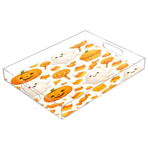 BOESI Cute Halloween Ghosts & Candy Acrylic Decorative Dining Tray, Acrylic Decorative Tray Organizer with Handle for Kitchen, Dining Room, Bathroom, Dresser