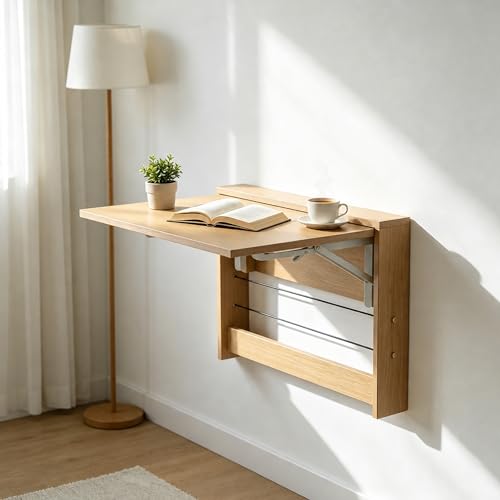 SKVSKV Wall Mounted Folding Table, Floating Wall Desk Fold Down for Small Spaces, Wall Mount Desk for Home Office Computer Workstation,Study Work Bench, Kitchen Dining (24.8 * 16.3inch, Wood Color)