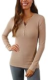 Pure Look Women's Long Sleeve Waffle Knit Stretch Cotton Thermal Underwear Shirt, Small, Henley Beige